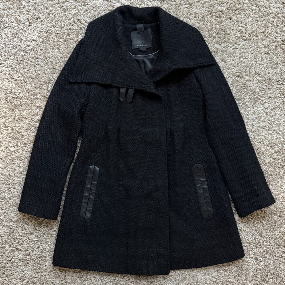 Mackage Women’s Black Wool Trench Coat Jacket Button Up Leather Trim Size Medium